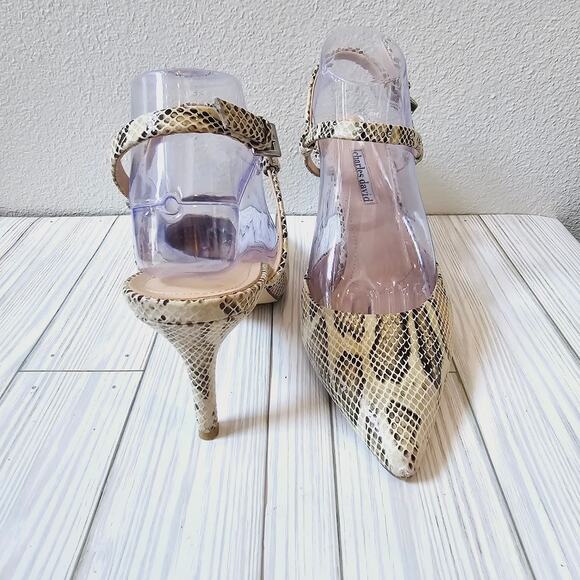 Charles David Womens Ankle Strap Pumps Beige Snakeskin Kitten Heel Buckle 9M - Picture 4 of 6